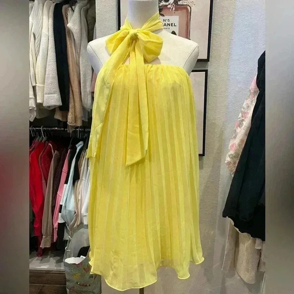 NWT SHEIN Haute Neck Tie Pleated Dress-Yellow-Size M - Picture 9 of 13